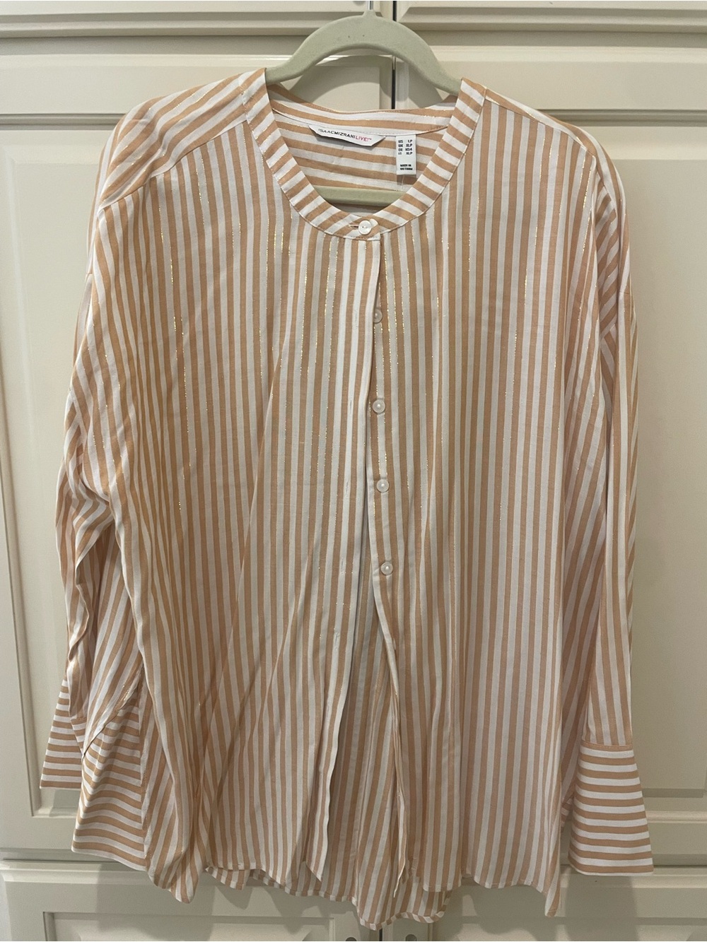 Isaac Mizrahi White and Tan Striped Blouse